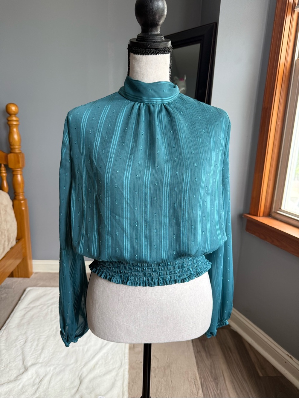 miami Teal High-Neck Smocked Waist Blouse